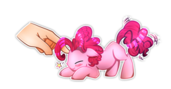 Size: 3000x1571 | Tagged: safe, artist:annie-aya, artist:vocalmaker, pinkie pie, human, pony, g4, blank flank, bubble berry, hand, micro, petting, rule 63, tiny, tiny ponies