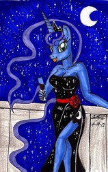 Size: 1019x1611 | Tagged: safe, artist:newyorkx3, princess luna, anthro, g4, breasts, busty princess luna, cleavage, clothes, dress, female, side slit, solo, traditional art