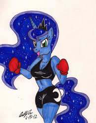 Size: 1107x1423 | Tagged: safe, artist:newyorkx3, princess luna, anthro, g4, belly button, box art, boxers, boxing, breasts, cleavage, clothes, female, midriff, simple background, solo, traditional art, underwear