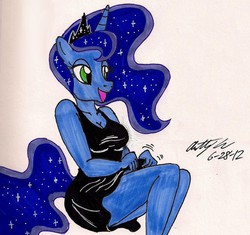 Size: 1025x965 | Tagged: safe, artist:newyorkx3, princess luna, anthro, g4, cleavage, clothes, dress, female, simple background, solo, traditional art