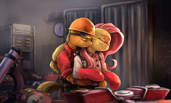 Size: 2042x1235 | Tagged: safe, artist:audrarius, applejack, fluttershy, pony, semi-anthro, g4, beauty in the comments, bipedal, bread, clothes, crossover, engiejack, engineer, engineer (tf2), expiration date, eyes closed, female, fluttermedic, glasses, hug, hug from behind, kissing, lesbian, medic, medic (tf2), neck kiss, parody, ship:appleshy, shipping, smiling, team fortress 2