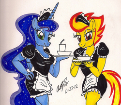 Size: 1280x1116 | Tagged: safe, artist:newyorkx3, princess luna, spitfire, anthro, g4, bedroom eyes, breasts, clothes, duster, female, ice cream, maid, simple background, traditional art