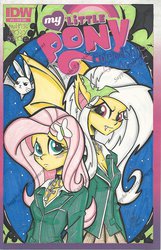 Size: 1024x1595 | Tagged: safe, artist:ponygoddess, idw, angel bunny, fluttershy, equestria girls, g4, cover, cross, duality, flutterbat, humanized, moka akashiya, mokashy, parody, rosario to vampire, self paradox, traditional art