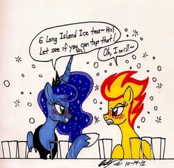 Size: 1157x1119 | Tagged: safe, artist:newyorkx3, princess luna, spitfire, pony, g4, blushing, dialogue, drunk, drunk luna, female, mare, signature, simple background, solo, tipsy, tipsyfire, traditional art, white background