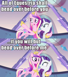 Size: 1280x1440 | Tagged: safe, edit, edited screencap, screencap, princess cadance, rarity, alicorn, pony, unicorn, g4, 300, bend over, caption, comic, female, image macro, mare, meme