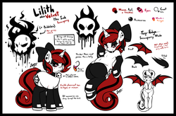 Size: 1807x1188 | Tagged: safe, artist:zajice, oc, oc only, oc:bubbles, oc:lilith, demon, pony, succubus, bat wings, belly button, bow, bubble, chubby, clothes, collar, cute, fangs, fat, freckles, hair bow, ink, magic, piercing, plump, reference sheet, skull, solo, stockings