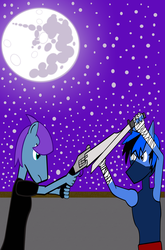 Size: 1350x2050 | Tagged: safe, artist:videogamehunter, anthro, fight, gunblade, kudo, manehattan, night, ninja, ninja kudo, skyler, skyler blue, sword