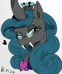 Size: 845x1000 | Tagged: safe, artist:nekubi, queen chrysalis, changeling, changeling queen, bedroom eyes, colored, cute, cutealis, fangs, female, glasses, heart, looking at you, mirror universe, one eye closed, portrait, reversalis, smiling, solo, wink