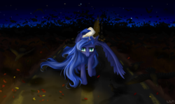 Size: 3000x1793 | Tagged: safe, artist:holka13, princess luna, alicorn, bird, pony, raven (bird), g4, albino, ear fluff, female, frown, glare, lidded eyes, missing accessory, night, raised hoof, solo, street