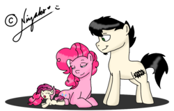 Size: 1009x644 | Tagged: safe, artist:pastelflakes, pinkie pie, oc, g4, crossover, crossover shipping, dan, dan pie, dan vs, offspring, parent:dan, parent:pinkie pie, parents:dan pie, ponified, shipping