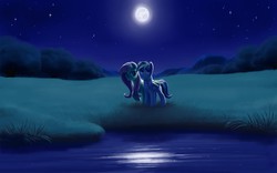 Size: 2560x1600 | Tagged: safe, artist:whitediamonds, edit, fluttershy, rainbow dash, g4, duo, hug, moon, night, wallpaper, water, winghug