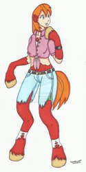 Size: 800x1594 | Tagged: safe, artist:cqmorrell, big macintosh, earth pony, human, pony, g4, arm hooves, chest fluff, clothes, female to male, front knot midriff, human to pony, mid-transformation, midriff, ripping clothes, signature, socks, solo, torn clothes, torn socks, transformation, transgender transformation, wardrobe malfunction, watch, wristwatch
