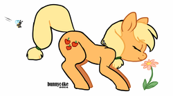 Size: 822x457 | Tagged: safe, artist:bunnyc4ke, applejack, bee, earth pony, pony, g4, female, flower, hatless, mare, missing accessory, simple background, solo