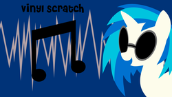 Size: 1920x1080 | Tagged: safe, artist:oobrushstrokeoo, dj pon-3, vinyl scratch, pony, unicorn, g4, cutie mark, cutie mark background, female, hooves, horn, mare, open mouth, simple, solo, sunglasses, text, vector, wallpaper
