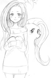 Size: 1008x1527 | Tagged: safe, artist:nolilty, fluttershy, human, g4, clothes, female, human ponidox, humanized, monochrome, pixiv, solo, sweatershy