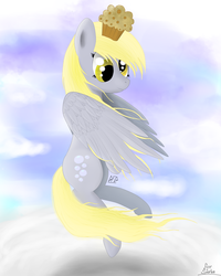 Size: 1000x1250 | Tagged: safe, artist:goforgold, derpy hooves, pegasus, pony, g4, cloud, cloudy, female, flying, muffin, solo