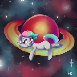 Size: 1024x1024 | Tagged: safe, artist:comikazia, oc, oc only, blank flank, planet, pony bigger than a planet, saturn, solo, space, stars, tangible heavenly object