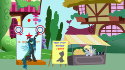 Size: 960x540 | Tagged: safe, derpy hooves, queen chrysalis, pegasus, pony, g4, best pony, camera, female, mare, muffin, scrunchy face