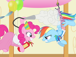 Size: 2600x1946 | Tagged: safe, artist:liggliluff, artist:wjmmovieman, pinkie pie, rainbow dash, earth pony, pegasus, pony, g4, abuse, angry, assisted exposure, balloon, clothes, dashabuse, dress, female, fire extinguisher, hanging, hanging wedgie, hat, hook, mare, panties, panty pull, party hat, prank, purple underwear, smiling, striped underwear, sweater, underwear, vector, wedgie