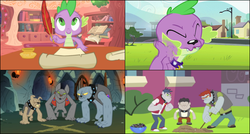 Size: 649x349 | Tagged: safe, screencap, fido, rover, spike, spot, diamond dog, dog, a dog and pony show, equestria girls, g4, my little pony equestria girls, my little pony equestria girls: rainbow rocks, player piano, comparison, diamond dudes, dog drama, drama, fuck logic, spike drama, spike the dog