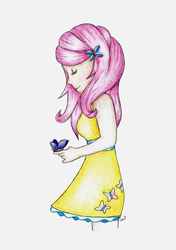 Size: 1024x1457 | Tagged: safe, artist:chrishirecat, fluttershy, butterfly, human, g4, female, humanized, solo, traditional art