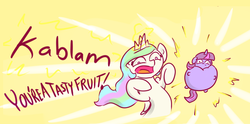 Size: 1600x791 | Tagged: safe, artist:poptart36, princess celestia, twilight sparkle, alicorn, pony, g4, banana magic, blueberry, deviantart will love this, duo, female, fruit, inflation, mare, single panel, tasty fruit, twiberry sparkle, twilight sparkle (alicorn), wat