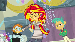 Size: 1920x1080 | Tagged: safe, edit, edited screencap, screencap, snails, snips, sunset shimmer, equestria girls, g4, alternate clothes, clothes, earring, fashion, sweater