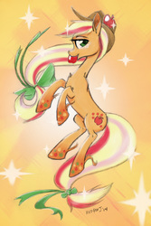 Size: 600x900 | Tagged: safe, artist:redfoxjake, applejack, g4, apple, female, food, mouth hold, rainbow power, solo, unshorn fetlocks