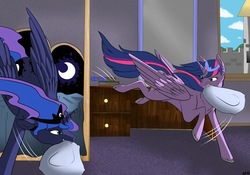 Size: 1280x896 | Tagged: safe, artist:backlash91, princess luna, twilight sparkle, alicorn, pony, g4, female, mare, pillow fight, twilight sparkle (alicorn)