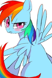Size: 401x600 | Tagged: dead source, safe, artist:semi-kon, rainbow dash, g4, angry, annoyed, back, blushing, female, looking back, pixiv, solo
