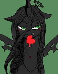 Size: 401x510 | Tagged: dead source, safe, artist:semi-kon, queen chrysalis, changeling, changeling queen, g4, dark, female, heart, monochrome, mouth hold, partial color, pixiv, solo
