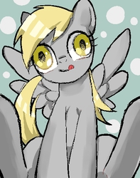 Size: 401x510 | Tagged: dead source, safe, artist:y0wai, derpy hooves, pegasus, pony, g4, bubble, female, mare, pixiv, sitting, solo, spread wings, tongue out, wings