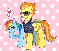 Size: 800x687 | Tagged: dead source, safe, artist:semi-kon, rainbow dash, spitfire, g4, admiration, blowing whistle, blushing, clothes, female, heart, lesbian, looking at you, pixiv, polka dots, raised hoof, ship:spitdash, shipping, smug, sunglasses, that pony sure does love whistles, uniform, whistle