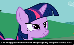 Size: 1600x973 | Tagged: safe, screencap, twilight sparkle, pony, unicorn, g4, angry, caption, cs captions, egghead, female, mare, solo, threat