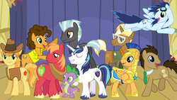 Size: 740x416 | Tagged: safe, artist:greendwarf333, big macintosh, braeburn, cheese sandwich, doctor whooves, flash sentry, shining armor, soarin', spike, thunderlane, time turner, trenderhoof, earth pony, pegasus, pony, unicorn, g4, male, necktie, stallion