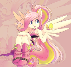 Size: 1557x1482 | Tagged: safe, artist:sharmie, fluttershy, butterfly, equestria girls, g4, my little pony equestria girls: rainbow rocks, clothes, female, fishnet stockings, ponied up, shoes, sitting, solo