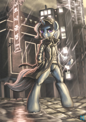 Size: 2480x3508 | Tagged: safe, artist:mrs1989, trixie, pony, g4, aiden pearce, bipedal, city, clothes, coat, cosplay, female, hat, high res, korean, parody, rain, solo, watch dogs