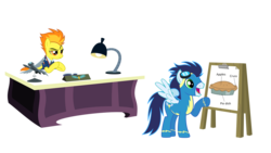 Size: 1920x1080 | Tagged: dead source, safe, artist:minecraftxyo, soarin', spitfire, pegasus, pony, g4, chart, charts and graphs, clothes, desk, desk lamp, female, male, mare, misspelling, necktie, pie, pie chart, pun, simple background, spitfire's eyebrows, spitfire's office, spitfire's tie, stallion, sunglasses, that pony sure does love pies, transparent background, uniform, wonderbolts dress uniform, wonderbolts uniform