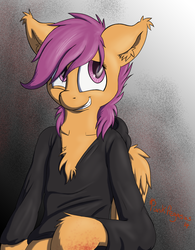Size: 1600x2048 | Tagged: safe, artist:punk-pegasus, scootaloo, pegasus, semi-anthro, fanfic:pegasus device, fanfic:rainbow factory, absentia, alternate universe, baggy hoodie, bipedal, black and white background, black clothes, black hoodie, black suit, blood, blood on hooves, chest fluff, clothes, detailed, ear fluff, evil, evil scootaloo, eviloo, eye twitch, factory absentia, factory scootaloo, fanart, fanfic art, female, fluffy, folded wings, good end?, grin, hoodie, hoof fluff, insanity, lighting, mare, messy mane, older, older scootaloo, orange fur, pegasus device, purple eyes, purple mane, rainbow factory au, rainbow factory worker, rainbow factory worker scootaloo, shading, signature, simple background, smiling, solo, tumblr, wing fluff, wings