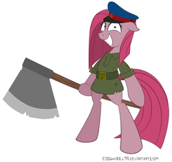 Size: 2322x2190 | Tagged: safe, artist:cogwheel98, pinkie pie, earth pony, pony, g4, axe, bipedal, female, high res, nkvd, pinkamena diane pie, solo, soviet