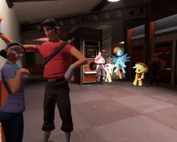 Size: 1280x1024 | Tagged: safe, applejack, fluttershy, rainbow dash, g4, 3d, crossover, engineer, engineer (tf2), expiration date, gmod, jealous, love & war update, medic, medic (tf2), miss pauling, scout (tf2), shipping, team fortress 2