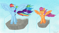 Size: 1280x720 | Tagged: safe, artist:serenawatchmen, rainbow dash, scootaloo, g4, duo, waterfall