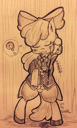 Size: 620x1024 | Tagged: safe, artist:doubt, apple bloom, g4, :3, adorabloom, blushing, clothes, cute, female, solo, suit, tea, traditional art