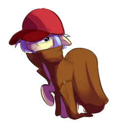 Size: 1200x1200 | Tagged: safe, artist:khorme, oc, oc only, oc:ultramare, earth pony, pony, clothes, disguise, hat, simple background, solo, trenchcoat