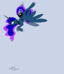 Size: 1400x1634 | Tagged: safe, artist:darkflame75, princess luna, lunadoodle, g4, bedroom eyes, female, flying, looking down, open mouth, simple background, smiling, solo, spread wings