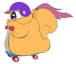 Size: 770x640 | Tagged: safe, artist:calorie, scootaloo, g4, belly, belly bed, colored sketch, extra plump chicken, fat, fat ass, female, helmet, impossibly large belly, large belly, large butt, morbidly obese, obese, scooter, small wings, solo