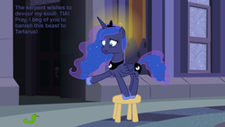 Size: 2852x1603 | Tagged: safe, artist:agent-cynda, princess luna, snake, g4, female, solo, stool