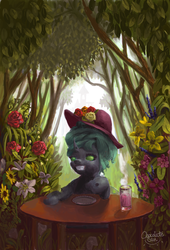 Size: 680x1000 | Tagged: safe, artist:chocolatesun, changeling, flower, glass, hat, plate, solo, table, tree, uncanny valley