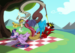 Size: 5800x4108 | Tagged: safe, artist:quynzel, discord, twilight sparkle, oc, alicorn, pony, g4, absurd resolution, female, mare, picnic, trio, twilight sparkle (alicorn)