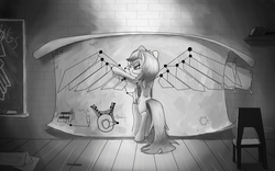 Size: 1600x1000 | Tagged: safe, artist:qweeli, octavia melody, g4, artificial wings, augmented, female, mechanical wing, monochrome, plan, solo, wings